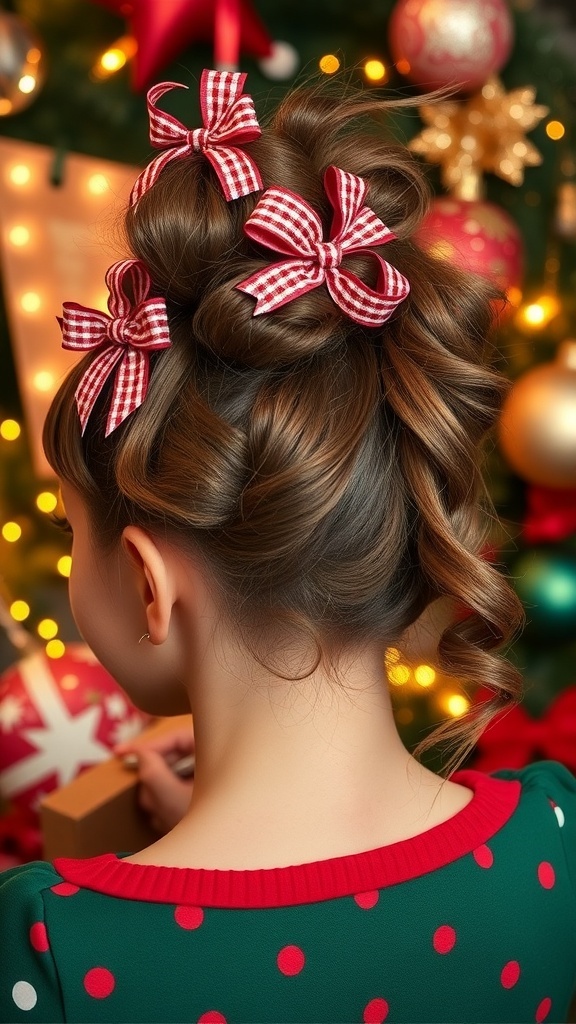 Cindy Lou Who hairstyle with curls and high ponytail, decorated with festive accessories.
